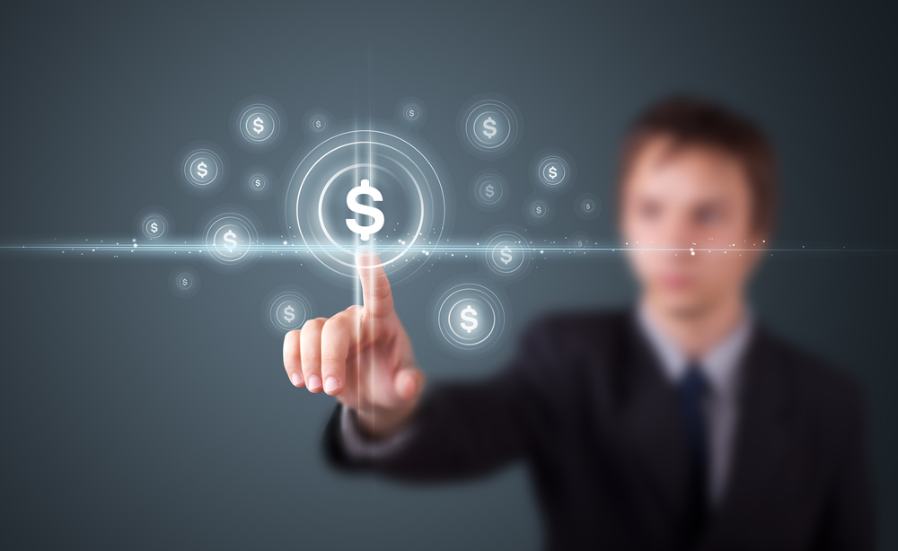 Funding a real estate start-up Man pressing dollar sign button