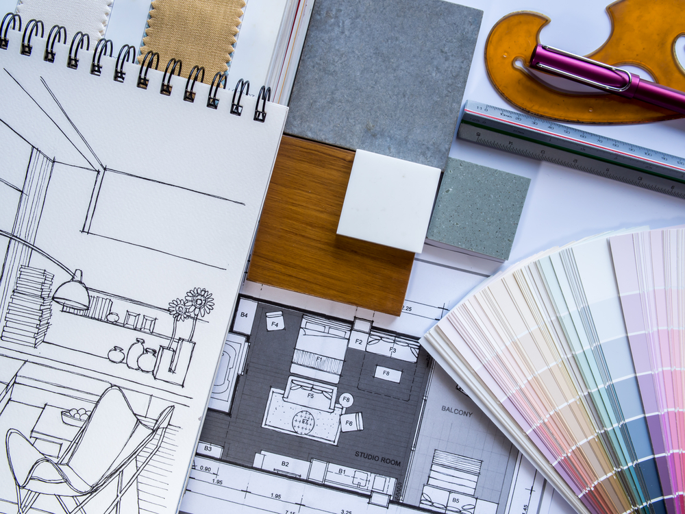 national-home-remodeling-month Remodeling plans with color swatches.